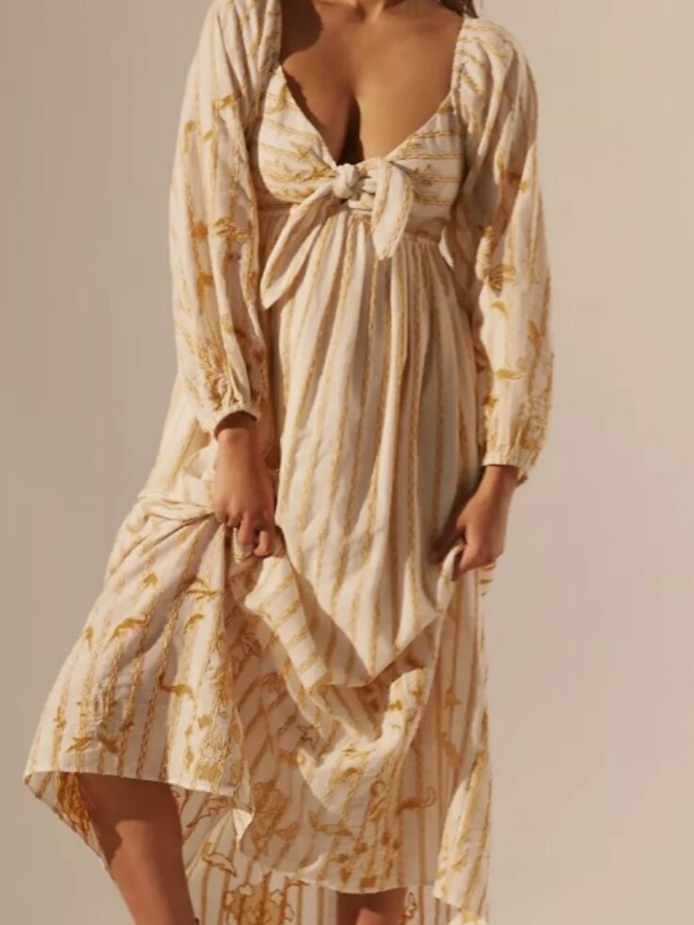 Anthropologie Cream Maxi Dress with Gold Stripes and Tie Front